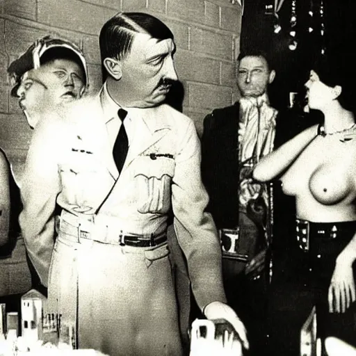 Image similar to ‘photo of Adolf hitler at a strip club, realistic, dramatic’