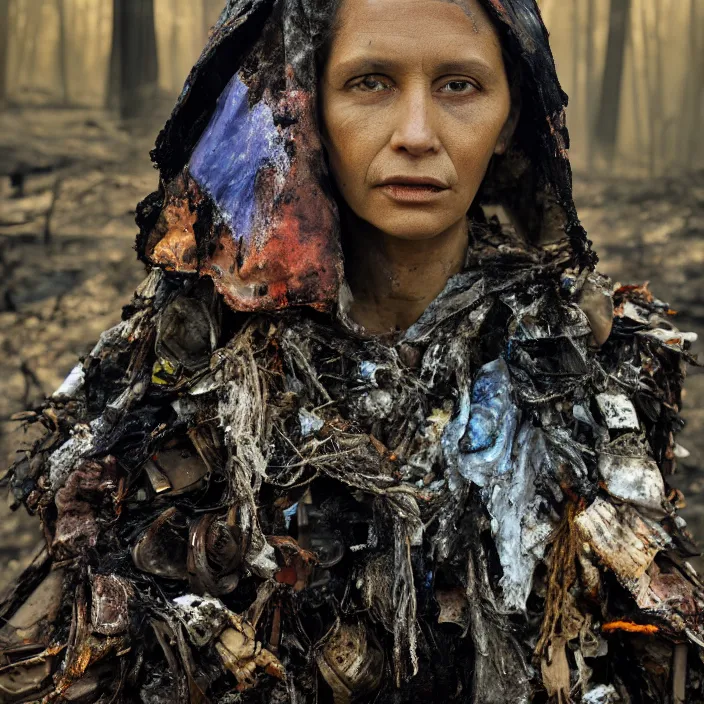 Prompt: closeup portrait of a woman wearing a cloak made of garbage and junk, standing in a burnt forest, by Annie Leibovitz and Steve McCurry, natural light, detailed face, CANON Eos C300, ƒ1.8, 35mm, 8K, medium-format print