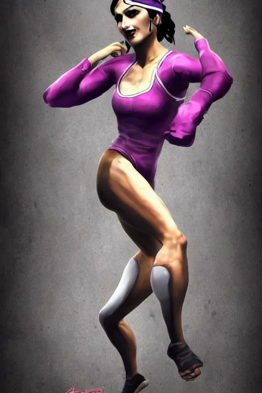 Prompt: arabian wrestling woman, cleanest posse, cleanest image without duplication, justify, concep art, parallel, hyperrealistic anatomy body content, violet polsangi pop art, gta chinatown wars art style, sharp focus, bioshock infinite art style, incrinate, dynamic stretching, rgba color, white frame, content balance proportion