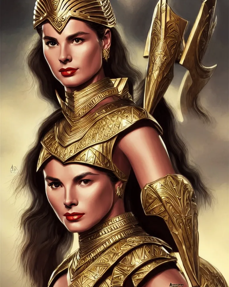 Prompt: a young grace kelly as an amazon warrior, tall and beautiful with brown skin and long hair, dressed in hellenistic body armor, intricate, elegant, highly detailed, smooth, sharp focus, detailed face, art by ardian syaf