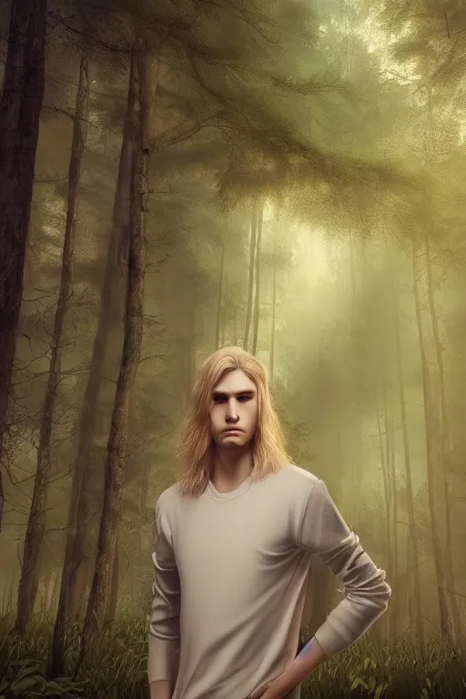 Image similar to pretty young man with long golden blond hair, symmetrical face, demure, slender, lost, trees, detailed forest background, webtoon, breathtaking scenery, colourful, 8 k, graphic novel, digital art trending on artstation, volumetric lighting, octane render, cinematic, hyper detailed, magical atmosphere, magical forest