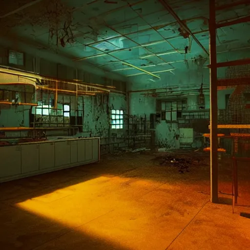 Image similar to “derelict laboratory , neon lighting , broken lights, a body on the floor, muted tones, volumetric lighting, photorealism, high detail, golden ratio, cinematic, octane renderer”