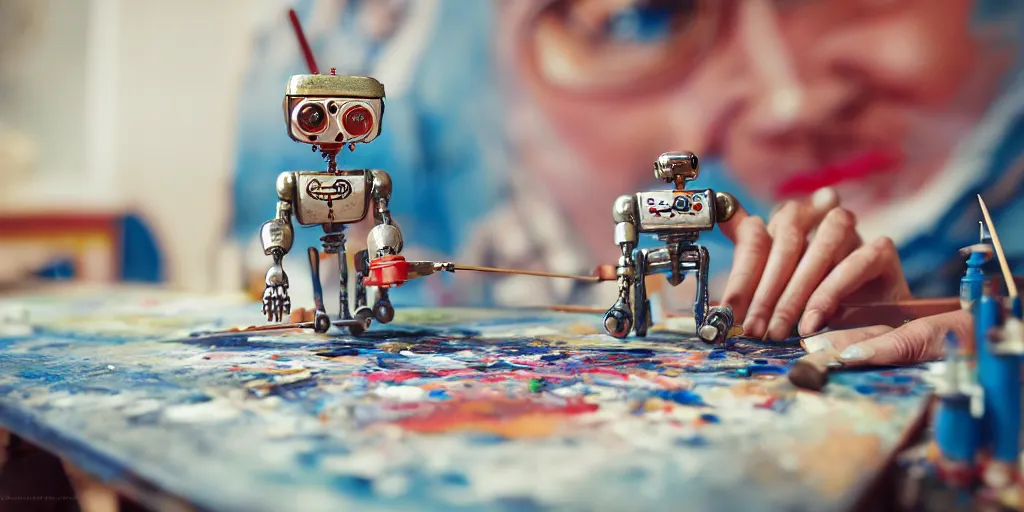 Image similar to closeup portrait of tin toy retro robot painter mixing gouache on white paper table in an artist workshop, depth of field, zeiss lens, detailed, centered, fashion photoshoot, by nicoletta ceccoli, mark ryden, lostfish, breathtaking, 8 k resolution, extremely detailed, beautiful, establishing shot, artistic, hyperrealistic, octane render