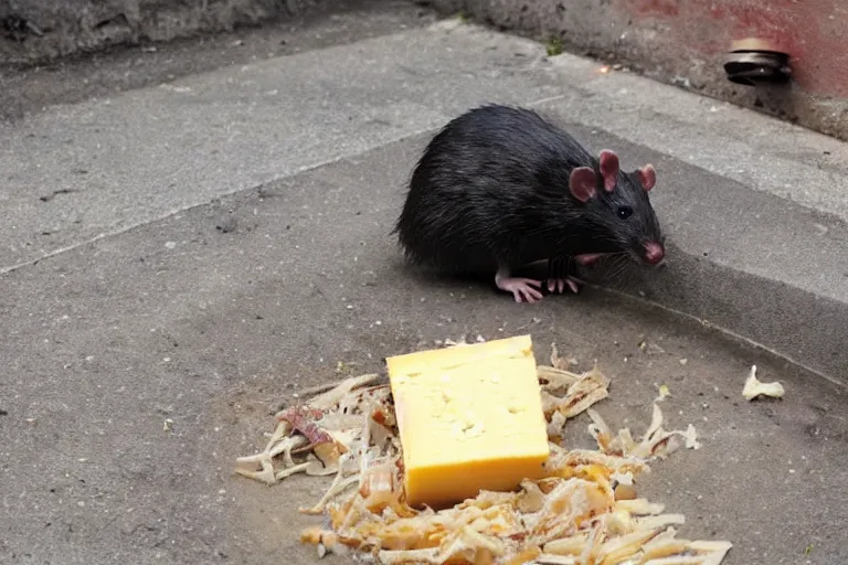 Image similar to a giant rat eating cheese in a sewer, photograph, terror, horror, mutant,