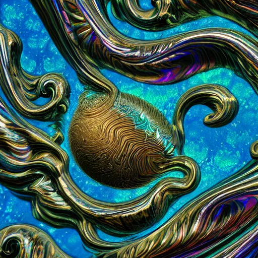 Image similar to Art Nouveau cresting oil slick waves, hyperdetailed bubbles in a shiny iridescent oil slick wave, ornate copper patina medieval ornament, rococo, baroque spirals, octane render