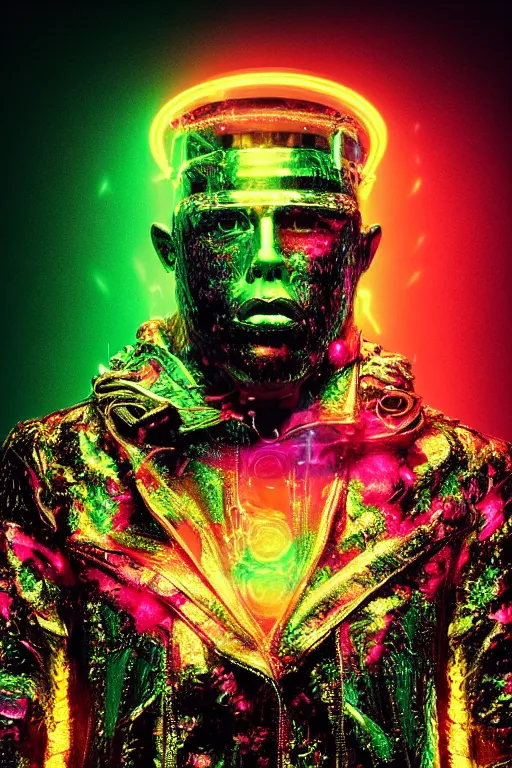 Prompt: hyper detailed ultra sharp portrait of baroque and bladerunner delicate neon ruby sculpture of seductive muscular nick jonas gorilla green radioactive humanoid deity wearing metallic hoody made out of leaves holding the sun prismatic dungeon, glowing rainbow face, crown of white diamonds, cinematic lighting, photorealistic, octane render 8 k depth of field 3 d