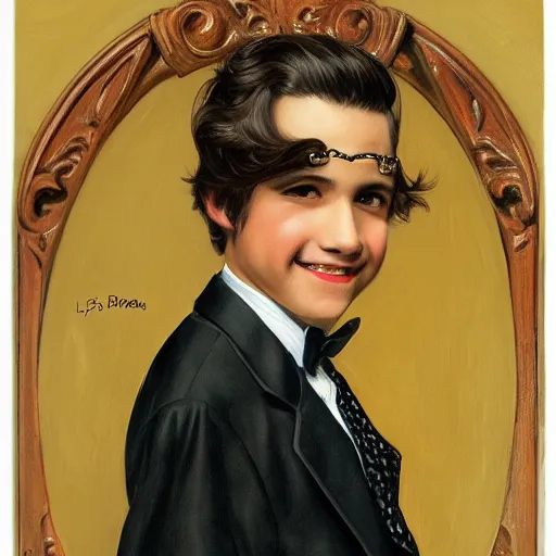 Image similar to a Latino young man with long shaggy brown hair, sly eyes, and a mischievous smile wearing a tuxedo and e-boy chains. WLOP, JC Leyendecker