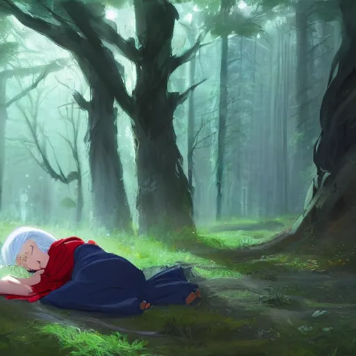 Image similar to girl sorcerer with white hair in a hairbun, wearing a black tshirt, wearing a subtle red scarf, and wearing blue jean. she is laying down sleeping, in a forest landscape. digital art, environment concept art, by rossdraws, ghibli, art by greg rutkowski