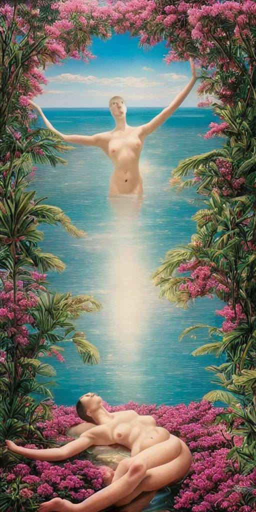 Image similar to masterpiece, hyperrealistic surrealism, award winning masterpiece with incredible details, epic stunning, infinity pool, a surreal vaporwave liminal space, highly detailed, trending on ArtStation, calming, meditative, pink arches, flowing silk sheets, palm trees, very vaporwave, very very surreal, sharp details, dreamscape, artgerm and greg rutkowski and alphonse mucha, daily deviation,