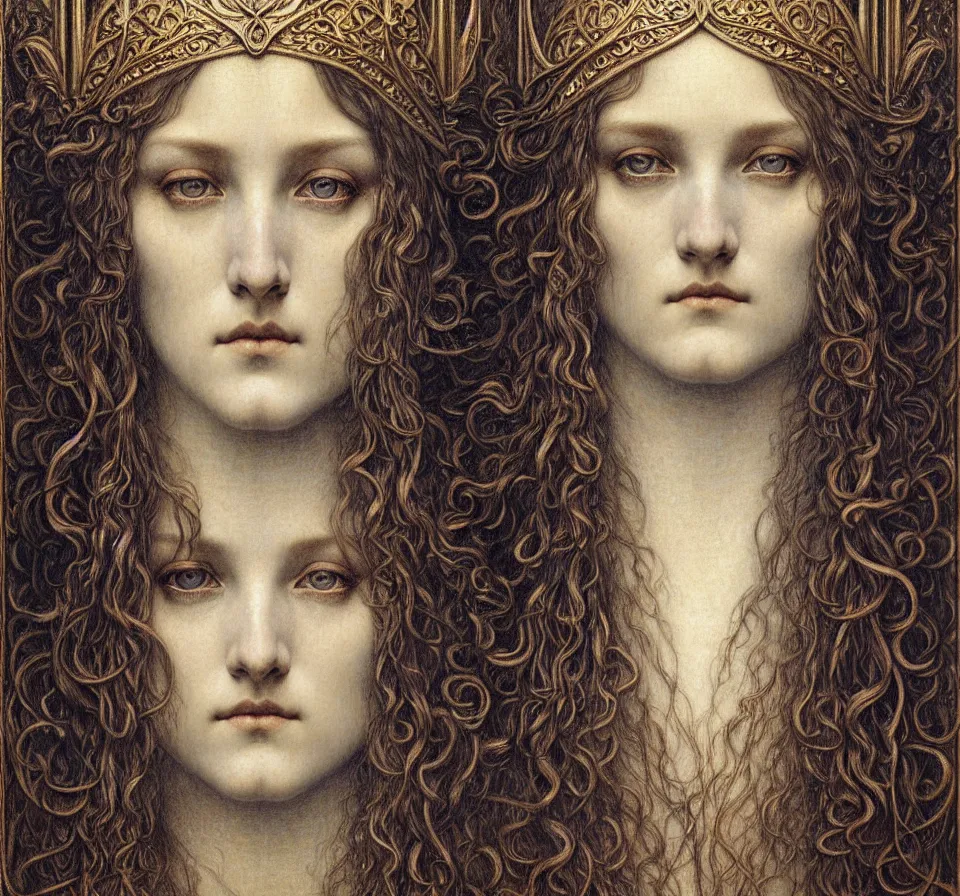 Image similar to detailed realistic beautiful young medieval queen face portrait by jean delville, gustave dore and marco mazzoni, art nouveau, symbolist, visionary, gothic, pre - raphaelite. horizontal symmetry