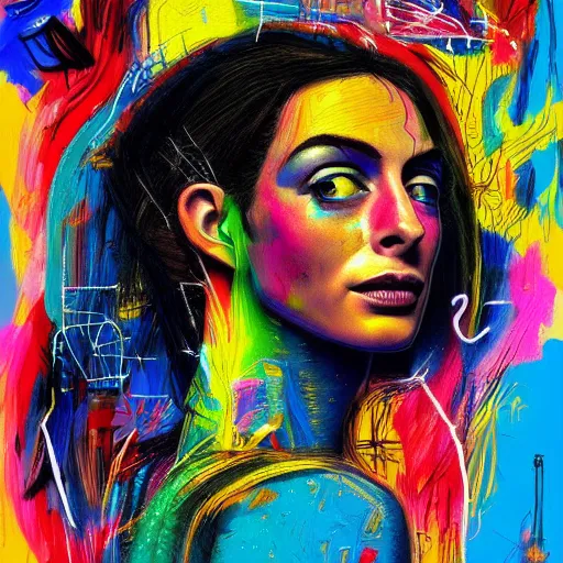 Prompt: a sketch, ultra detailed, colorful, mystical travel, magic, universe, beautiful woman, similar to anne hathaway, surreal, in style of jean - michel basquiat, trending on artstation