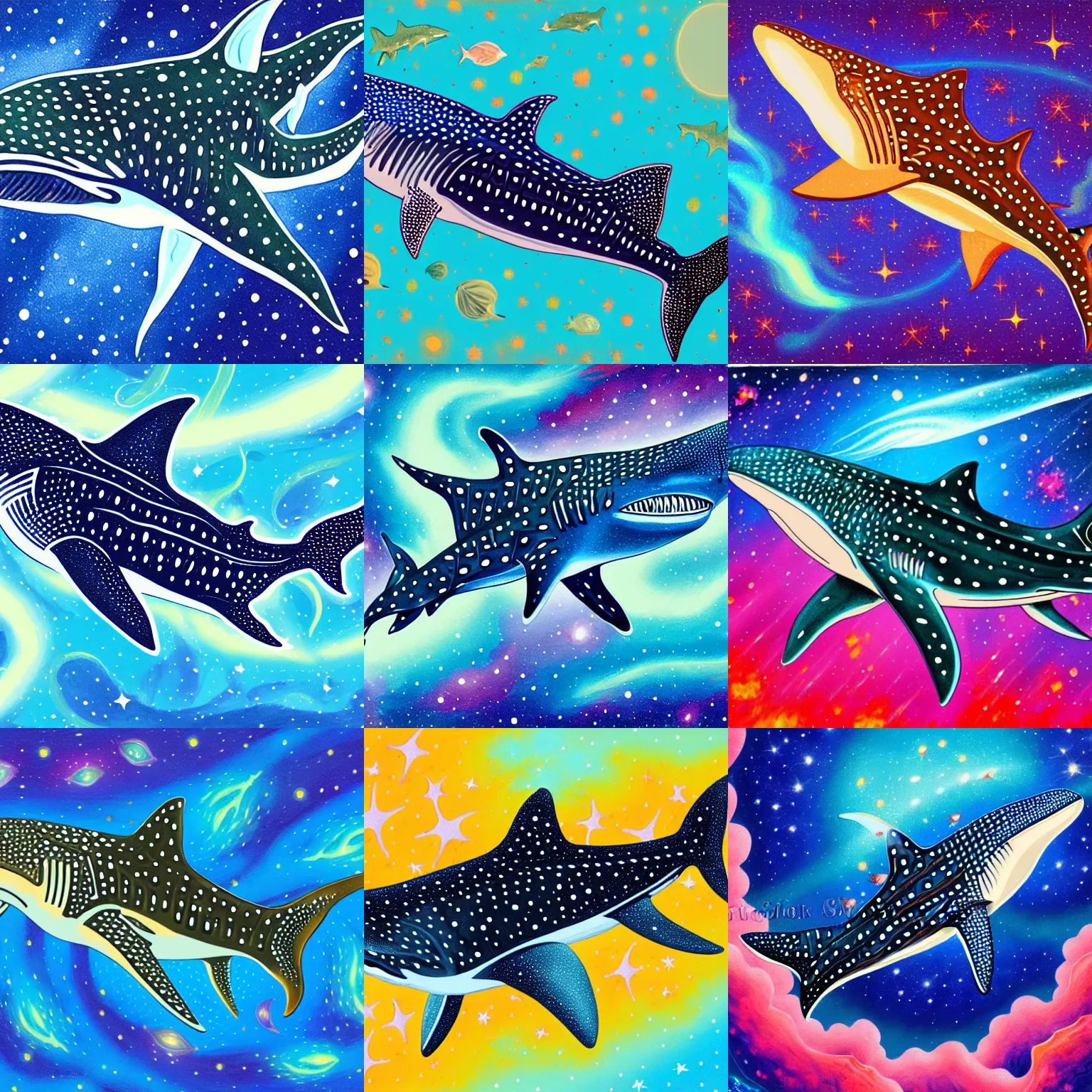 Prompt: finely detailed gouache painting of a whale shark, swirling luminous nebula background, elegant, ultra detailed, gouache illustration of whale - shark foreground, colorful nebula background, sharp focus