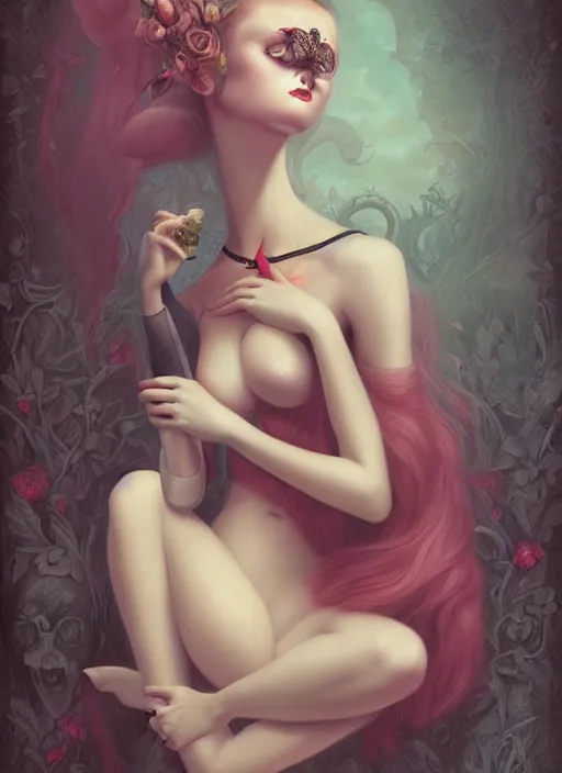 Image similar to pop surrealism, lowbrow art, realistic cute seductive female painting, romantic gown, hyper realism, muted colours, rococo, serafleur, natalie shau tom bagshaw, mark ryden, trevor brown style,