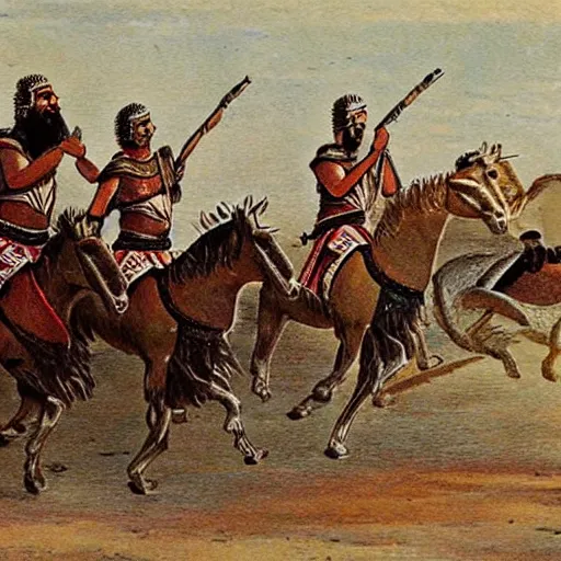 Prompt: assyrian chariots in warfare, steppe background