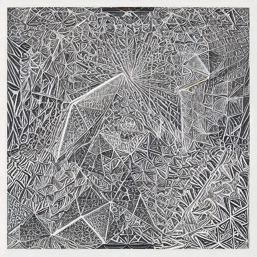 Image similar to “geometrically incomprehensible surreal order of cubicle shapes, extremely high detail, photorealistic, intricate line drawings, painted cube structures, dotart, album art in the style of James Jean”