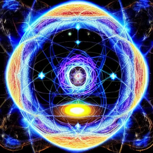 Prompt: quantum mechanical transdimensional imagery that connects all human minds to cosmic awareness | scientific psychedelic mystical occult religious