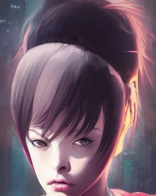 Image similar to baroque oil painting character headshot portrait concept art, anime key visual of young female gang member girl very very anime!!! fine face, milla jovovich, realistic shaded perfect face, fine details. anime. realistic shaded lighting cyberpunk futuristic neon tattoos styled hair transmissive sheen film jacket decorated poster by ilya kuvshinov katsuhiro otomo ghost in the shell