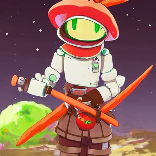 Image similar to cute robot with big tomato hat and a carrot sword, made in abyss style