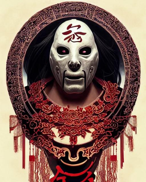 Prompt: portrait of slipknot band, upper half portrait, decorated with chinese opera motifs, asian, bian lian, traditional chinese art, intricate, elegant, highly detailed, symmetry, digital painting, artstation, concept art, smooth, sharp focus, illustration, art by artgerm and greg rutkowski and alphonse mucha, 8 k