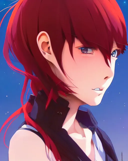 Prompt: beautiful anime woman, wearing full clothing red shirt brown pants, black and red hair hair, galaxy eyes, clockpunk, symmetrical face, symmetrical eyes, full round face, short smile, detailed, summer setting, cinematic lighting, makoto shinkai, artgerm, ilya kuvshinov, loish