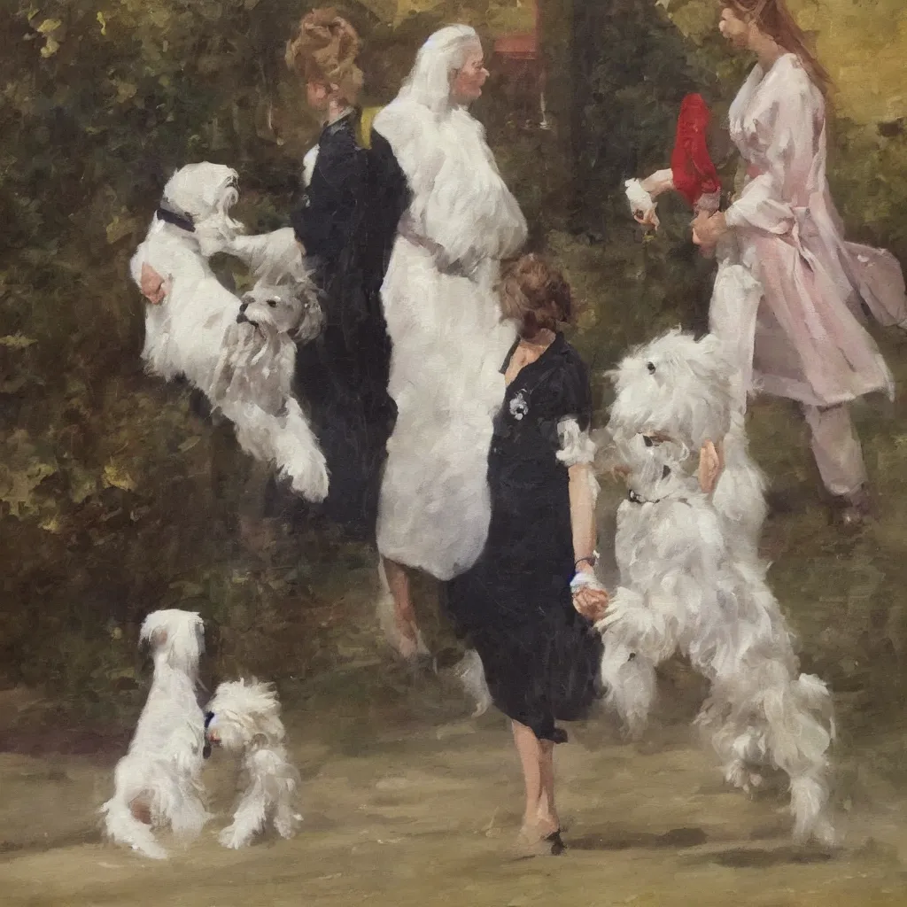 Prompt: A beautiful woman with freckles walking a Maltese Terrier in Buckingham Palace, oil paint on canvas, art,