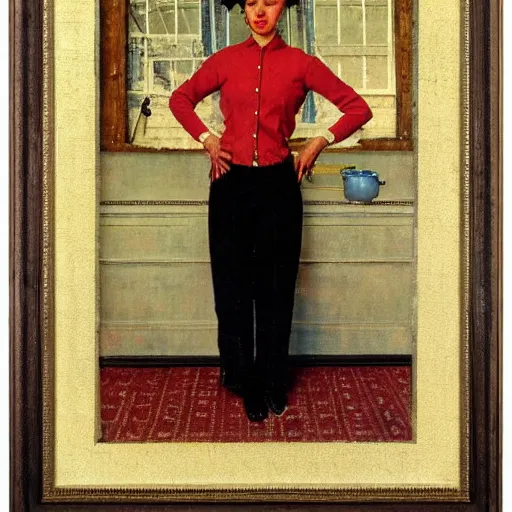 Image similar to Frontal portrait of the queen of the proletariat. A painting by Norman Rockwell.