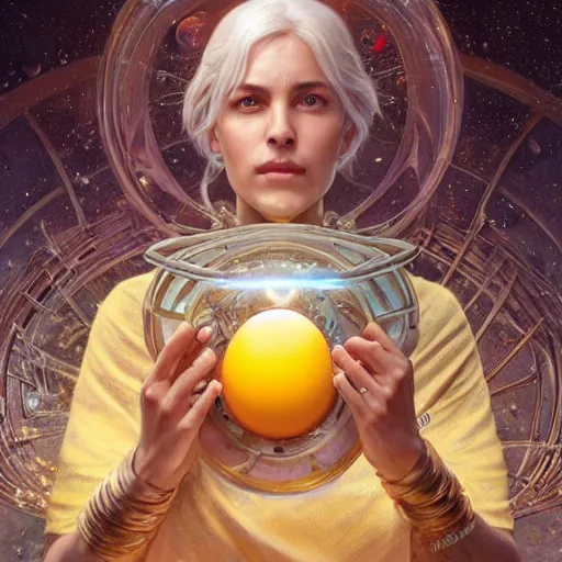 Image similar to a broken egg with the universe as the yolk pouring out, ultra realistic, concept art, intricate details, highly detailed, photorealistic, octane render, 8 k, unreal engine. art by artgerm and greg rutkowski and magali villeneuve and alphonse mucha