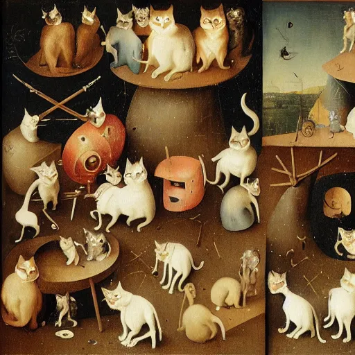 Image similar to hieronymus bosch, cats, thousand cats, 4k