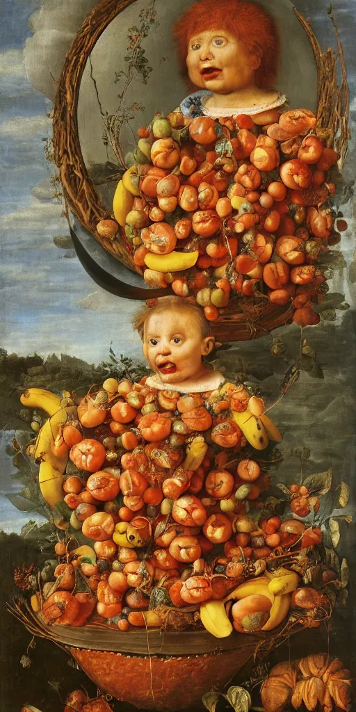 Image similar to a boy sitting in a tub full of tomato sauce, the moon is made by bananas, by giuseppe arcimboldo, renaissance, portrait, fruit, detailed oil paint, high definition