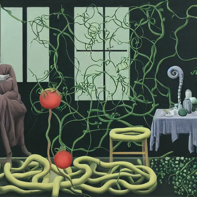 Image similar to a pathology student in her apartment, wrapped in vines, stepping stones, octopus, berries, black walls, ikebana, black armchair, sculpture, moss, acrylic on canvas, surrealist, by magritte and monet