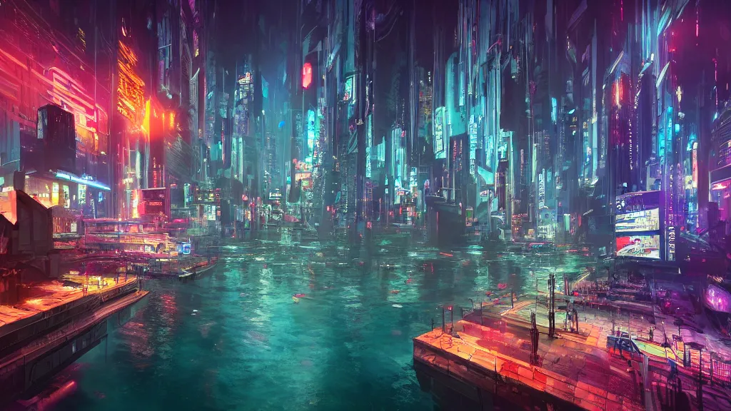 Image similar to immersed in cyberpunk city built underwater, submerged, nighttime, fluorescent led, concept art, cinematic, volumetric lighting, futuristic,, hyperrealistic, highly detailed, colourful 4 k hd