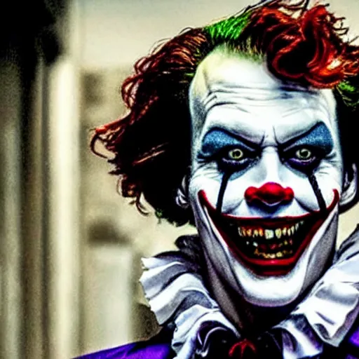 Image similar to Johnny Depp playing The Joker as Pennywise as The Crow