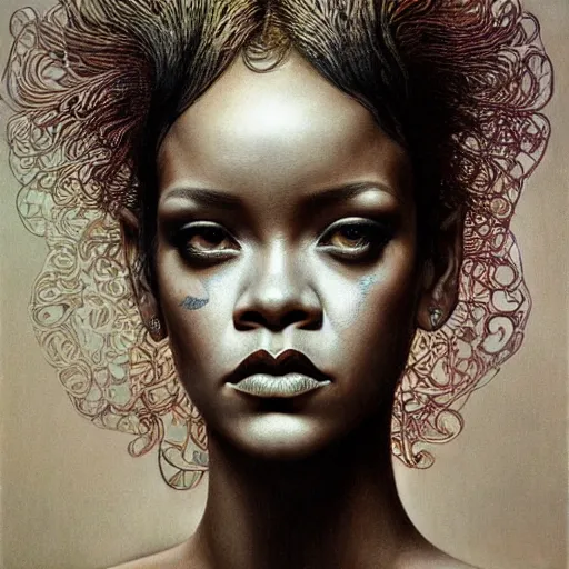 Image similar to rihanna by zdzisław beksinski, iris van herpen, raymond swanland and alphonse mucha. highly detailed, hyper - real, beautiful