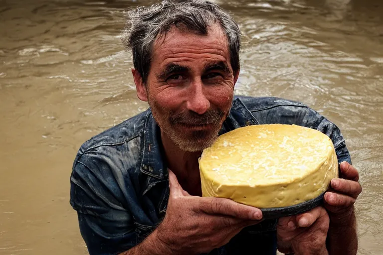 Prompt: closeup portrait of a man carrying a wheel of cheese over his head in a flood in Adelaide in South Australia, photograph, natural light, sharp, detailed face, magazine, press, photo, Steve McCurry, David Lazar, Canon, Nikon, focus