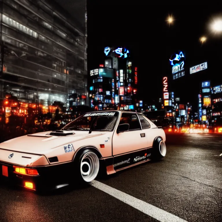 Prompt: close-up-photo Nissan S30 turbo illegal roadside night meet, deep dish work-wheels, Shibuya Shibuya, cinematic color, photorealistic, highly detailed night photography