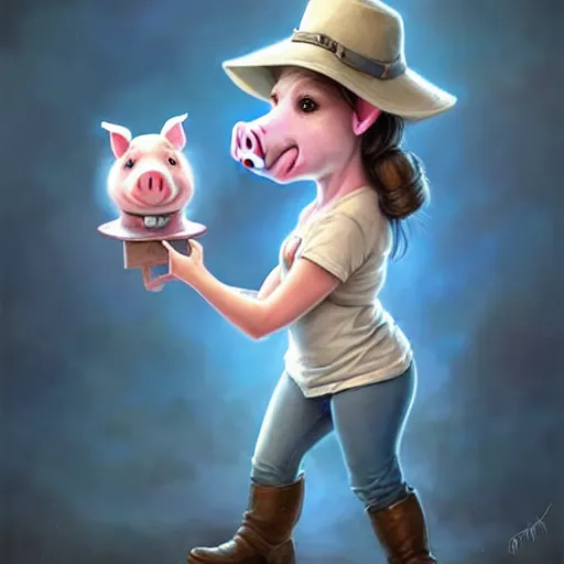 Image similar to cute little anthropomorphic funny female pig wearing shorts, a hat, boots and a pale blue shirt!! tiny!! fully clothed!!! small, short, cute and adorable, character art portrait, matte fantasy painting, deviantart artstation, by jason felix by steve argyle by tyler jacobson by peter mohrbacher, cinema