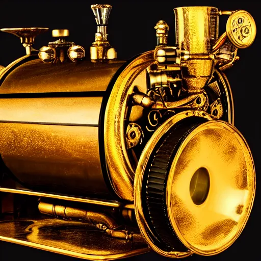 Image similar to steampunk roaster gold and black, shiny golden, studio light, 4 k, highly detailed, black background, light on top