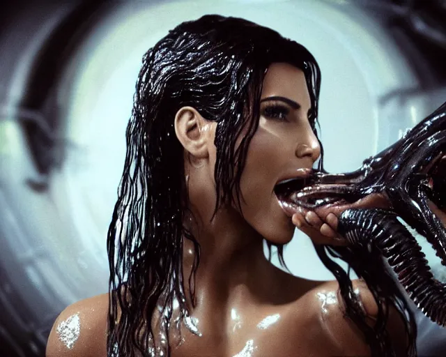 Image similar to cinematic still of kim kardashian being mouth fed by an xenomorph feeding her a transparent alien liquid, wet flowing hair, gooey skin, illustration, unreal engine 5, 8 k, directed by h. r. giger.