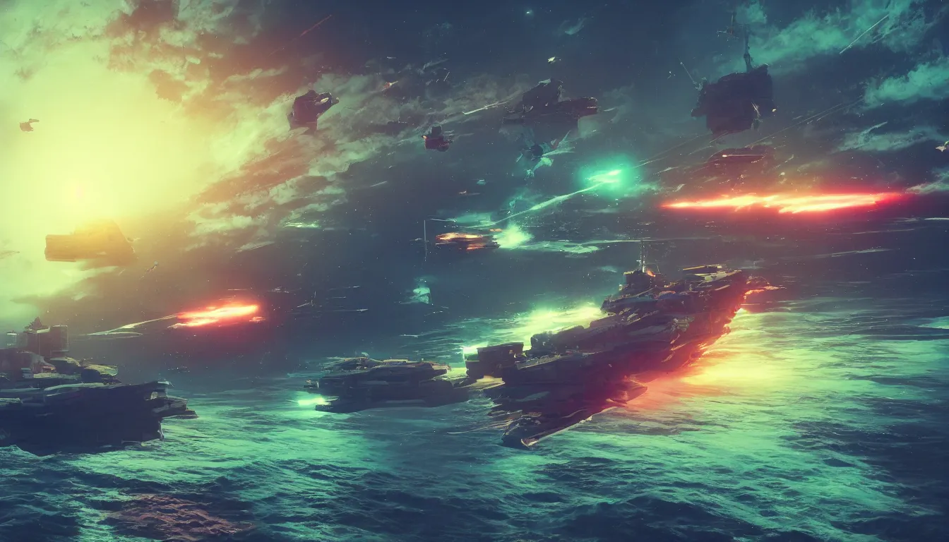 Prompt: A landscape render of battleship floating in space in an intense battle, rendered by Beeple, Makoto Shinkai, syd meade, simon stålenhag, synthwave style, environment concept, digital art, unreal engine, 3 point perspective, WLOP, trending on artstation, low level, 4K UHD image, octane render,