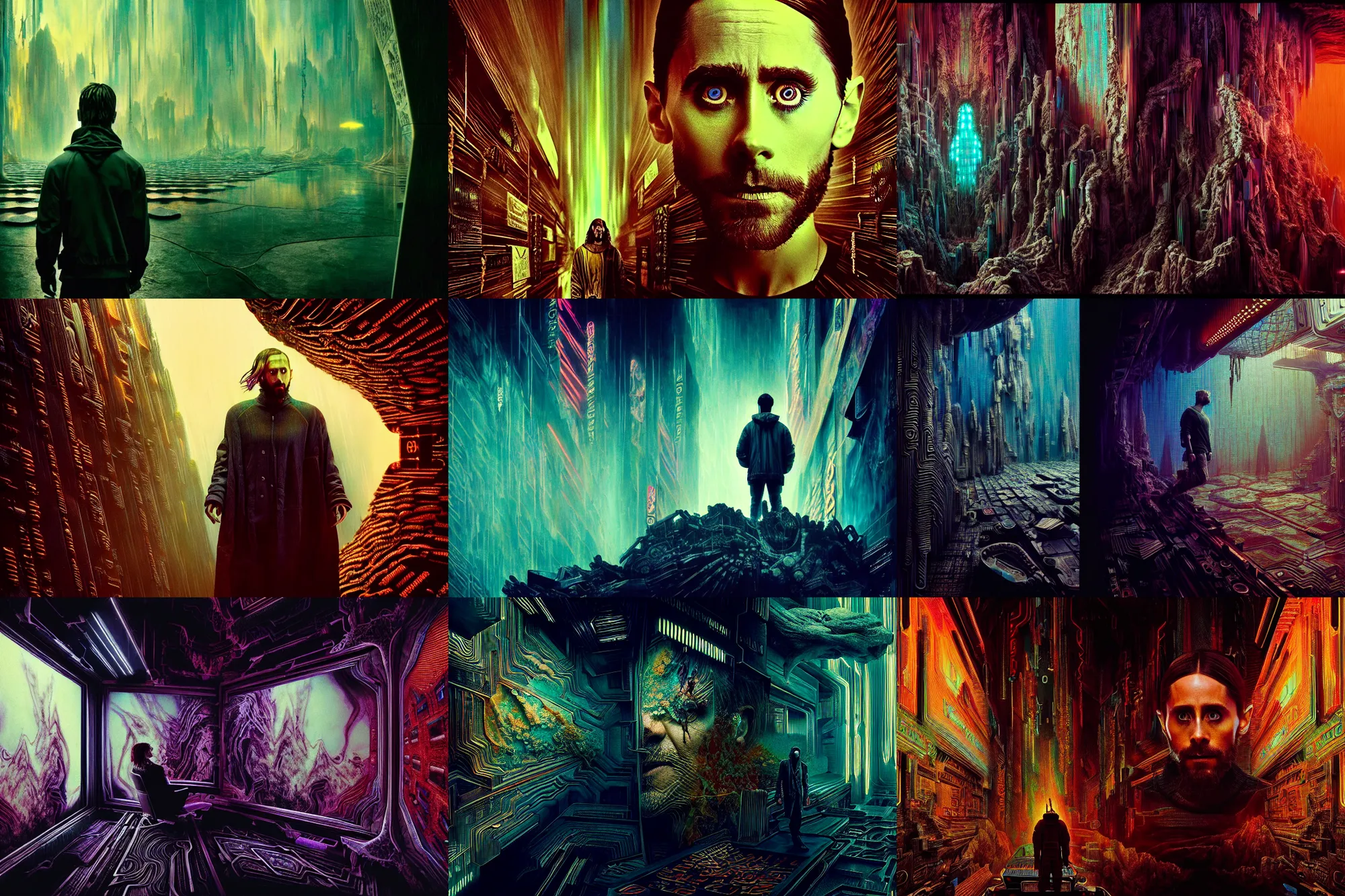 Prompt: the platonic ideal of jared leto as niander wallace, blade runner 2 0 4 9 and god complex, mandelbulb, dmt, ego death, detailed, intricate, hyperrealism, intense, scary, decay, cinestill by denis villeneuve