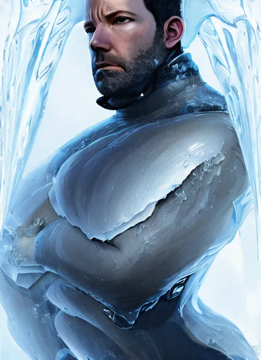 Prompt: character design by james jean, jakub rebelka, tran nguyen, yoann lossel, wadim kashin ( ( ( portrait of ben affleck as ice man from xmen ) ) ) emerging from a frozen icicle portal, sharp edges. ultra clear detailed. 8 k. ultra detailed, majestic, intricate