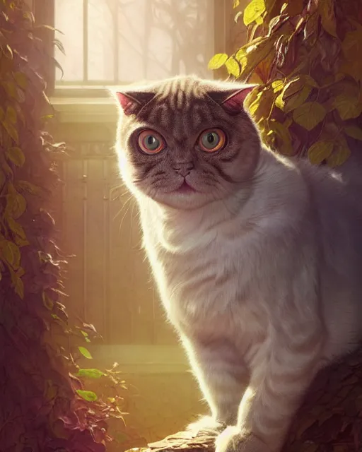 Prompt: highly detailed surreal vfx portrait of a sacred scottish fold cat, stephen bliss, unreal engine, greg rutkowski, loish, rhads, beeple, makoto shinkai and lois van baarle, ilya kuvshinov, rossdraws, tom bagshaw, alphonse mucha, global illumination, detailed and intricate environment