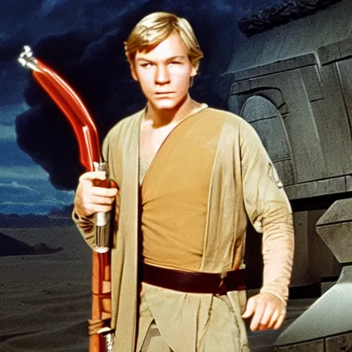 Image similar to young patrick stewart with wavy blond hair as luke skywalker on tatooine