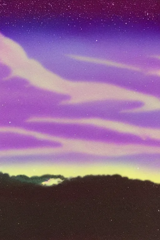 Image similar to matte painting layered night sky. Stars and a swirly starry night moon. pink and purple ombre puffy cotton candy clouds. Dark hills forest silhouette below. Cyril Roland naomi okubo.