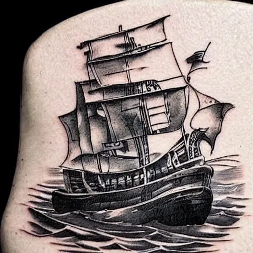 Image similar to A pirate ship tattoo design in the design of Dmitriy Samohin