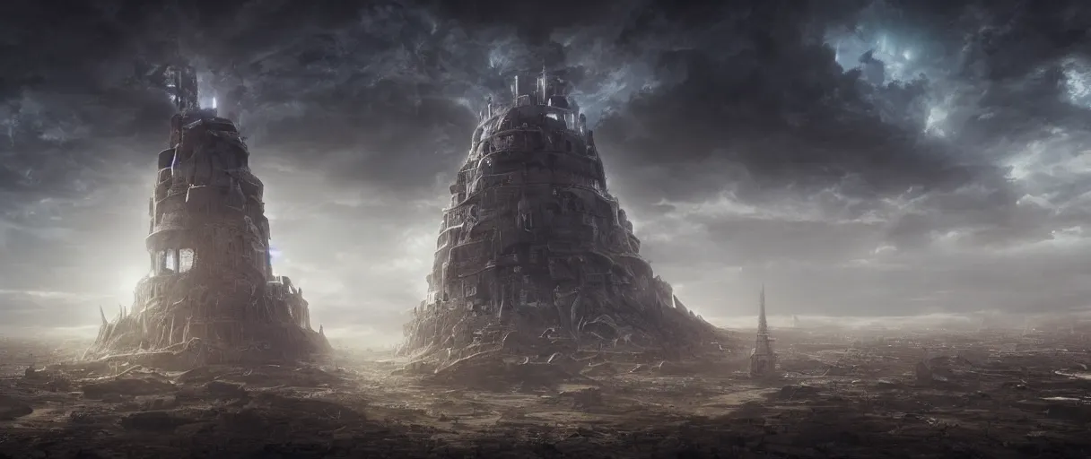 Image similar to detailed giant aliens ship over the tower of babel, beautiful dramatic moody lighting, subsurface scattering, cinematic atmosphere, octane render, Vray, Arnold