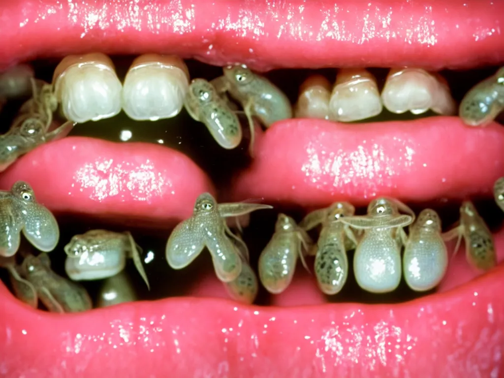 Prompt: a close up perfect photograph of an open mouth full of tadpoles and saliva. 3 5 mm film, studio lighting, perfect focus and rotting teeth