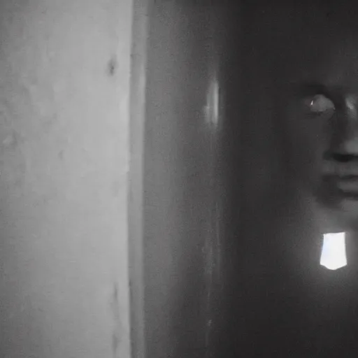 Prompt: a creepy humanoid with an unnatural smile from the p. t. video game, it is deformed and is staring at the camera from the end of a dark liminal hallway. caught on vhs, film grain, flashlight lighting,