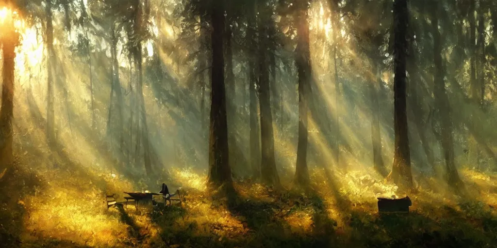 Prompt: A Craig Mullins oil painting of a hauntingly beautiful forest in the morning; a-weary-traveler-is-sitting-next-to-a-small-campfire; rays of light coming through the canopy; trending on artstation; extraordinary masterpiece!!!!!!; 8k