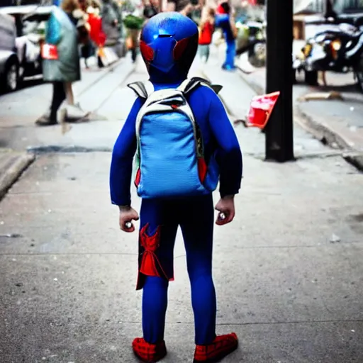 Prompt: Spiderman wearing backpack ,mellow , dramatic, sad ambience